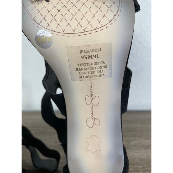 Jessica Simpson Black‎ Ruffle Heels 9.5M Zip Back Stiletto Sandals Leather Sole - Picture 8 of 9